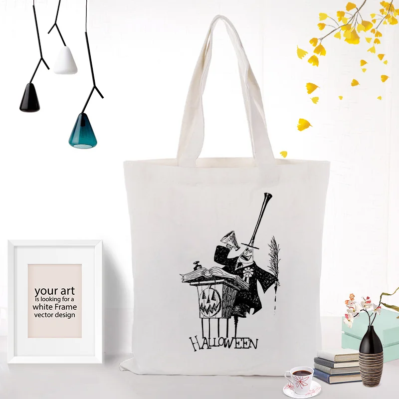 Canvas Tote Bag Halloween Handbag Custom Print Logo Text DIY Eco Reusable Recycled Shopping Bag Festival Gifts Bag