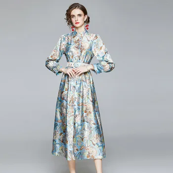 

Jacques Wolf brand European and American women's new long dress stand collar bubble long sleeve print silky style