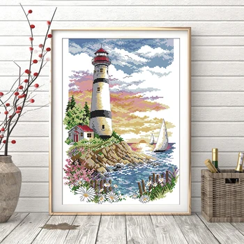 

Joy Sunday Seaside lighthouse Small scenery cross stitch kits printed chinese counted embroidery needlework decorations for home