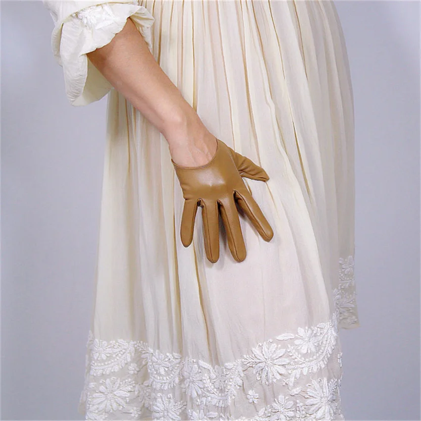 

13cm Ultra-Short Leather Gloves Simulation Leather Imitation Leather Sheepskin Khaki Light Brown Rice Camel Color 3-PUTS13