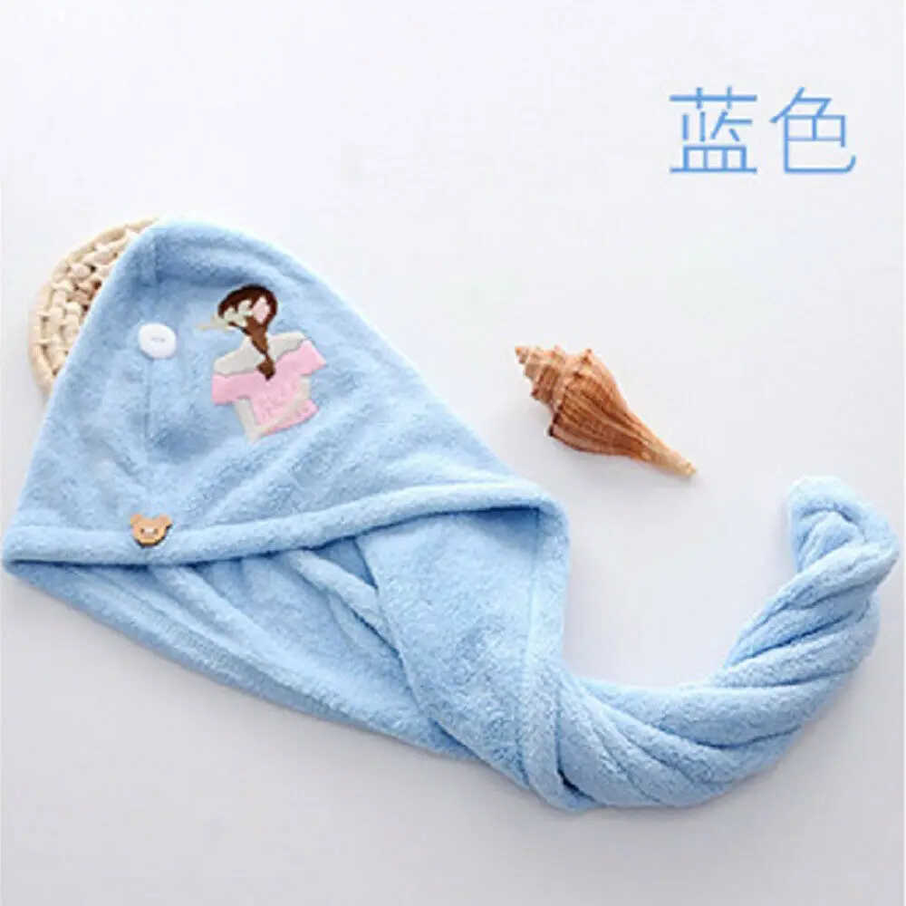 Синий Beautiful Girl Embroidery New Magic Hair Drying Towel Hat Microfibre Quick Dry Turban For Bath Shower Pool Machine Washable Cap - Цвет: Синий