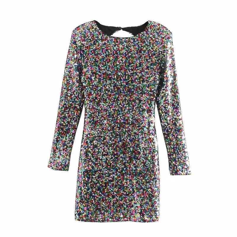 

Color Sequins Women O Neck Backless Slim Mini Dress 2020 Spring Leisure Lady Long Sleeve Skinny Dresses D3966