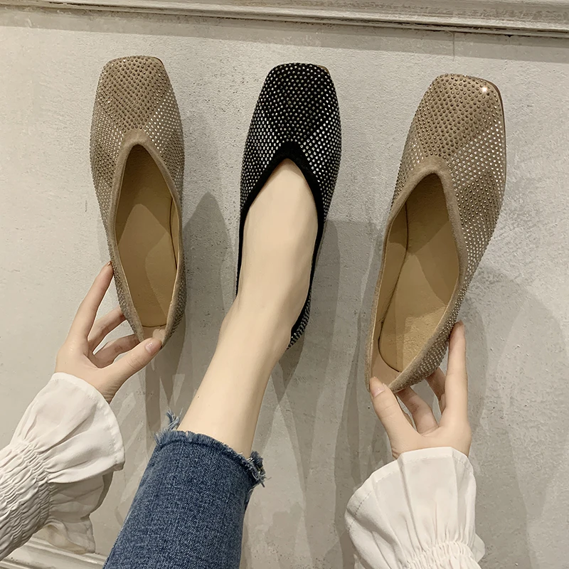 

Crystal Square Toe Flat Shoes Women Shiny V Mouth Flats Soft Sole Loafers Summer Weekend Casual Single Shoes Women Black Khaki
