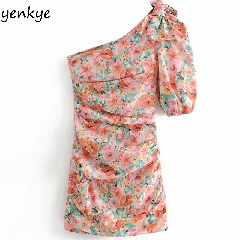 Prix Été 2019 femmes Sexy Oblique imprimé Floral robe asymétrique élégante dame à manches courtes drapée moulante Mini robe HHWM2216