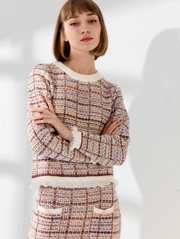 

One's Morality Crew Neck Knitted Contrast Small Fragrant Set Tassel Long Sleeves Pullover Jacket Skirt Wool Two-Piece Set