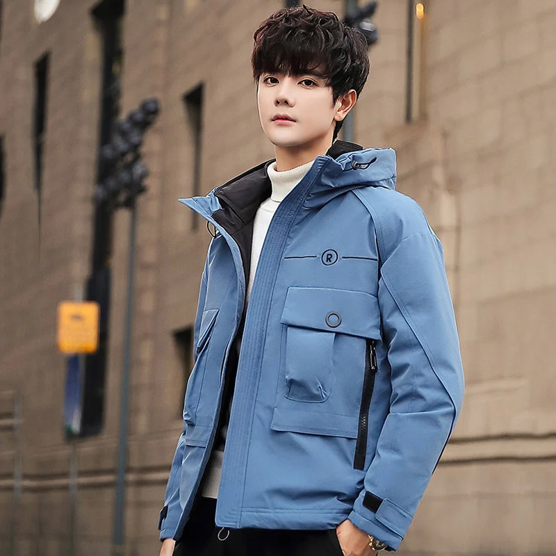 

Зимняя новая мужская теплая куртка на утином пуху, модная повседневная Уличная универсальная утепленная трендовая куртка с капюшоном, брендовая одежда