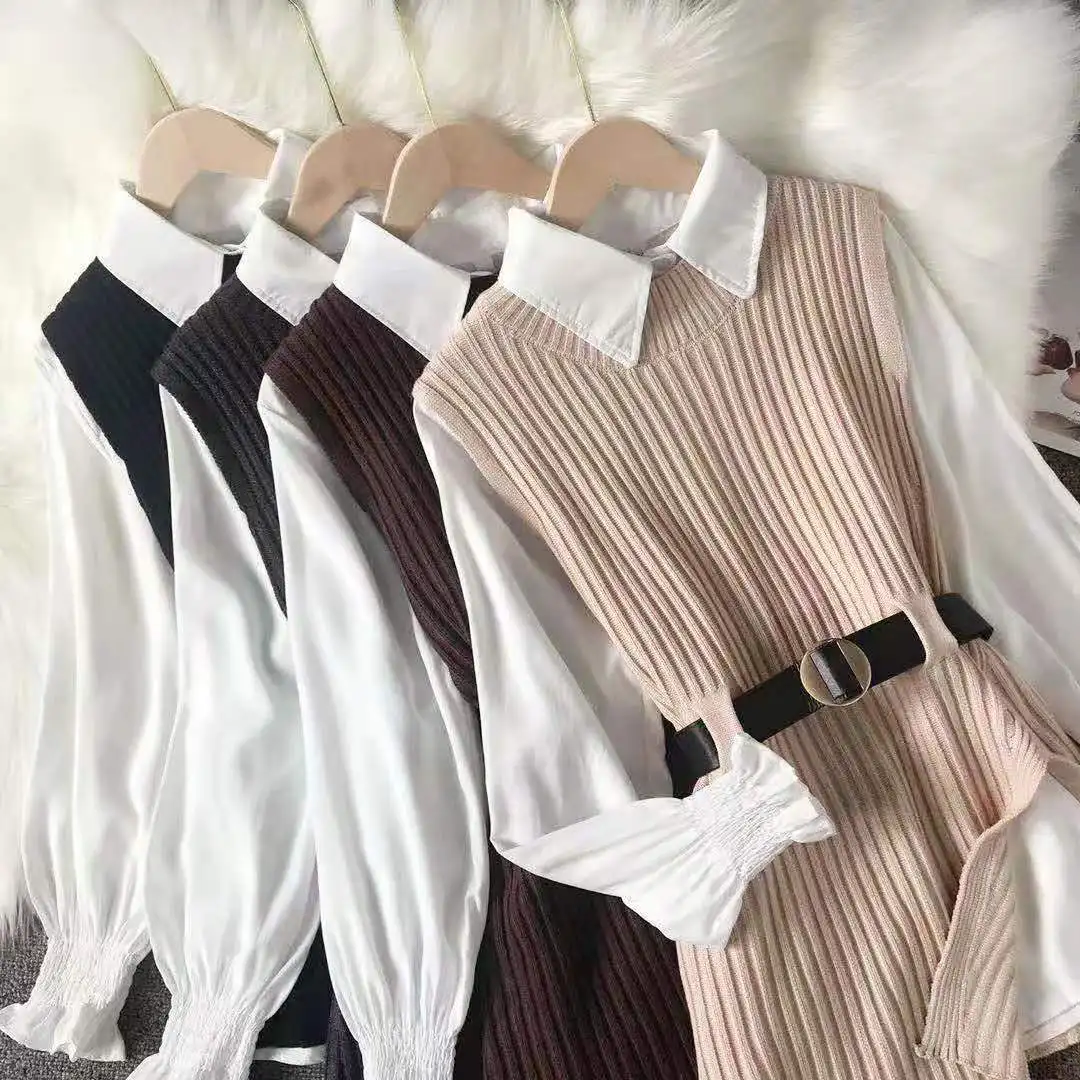 Camiseta blanca con chaleco y Chaleco de punto para mujer, blusa de estilo occidental de dos piezas, modelos de otoño e invierno, producto coreano nuevo
