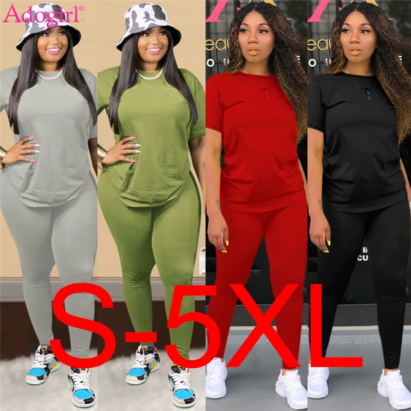 

Adogir S-5XL Plus Size Women Suit Fashion Casual Two Piece Set Tracksuit Short Sleeve T Shirt Top Leggings Pants Sportswear