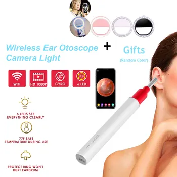 

6 LED Beads 1080P WiFi Ear Scope Earwax Removal 3-Axis Gyroscope and Temperature Control Android IOS with Selfie LED Ring Light