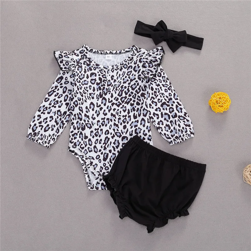 

Fashion Newborn Set Set Long Sleeve Ruffles Bodysuits Romper+Shorts+Headband Set Baby Girls leopard Print Outfit