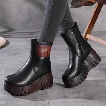 

Johnature Winter Shoes Women Boots Warm 2020 New Genuine Leather Zip Round Toe Plush Wedges Handmade Leisure Platform High Heels