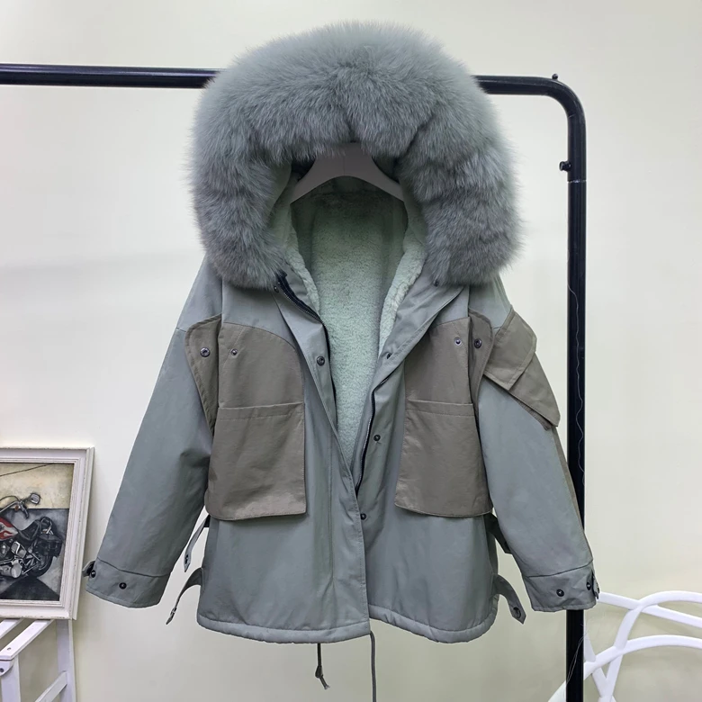 Зимняя Новинка с капюшоном, большой натуральный Лисий меховой воротник, уплотненная шерсть, подкладка с большим карманом, хлопковая стеганая одежда, женское теплое пальто 2054