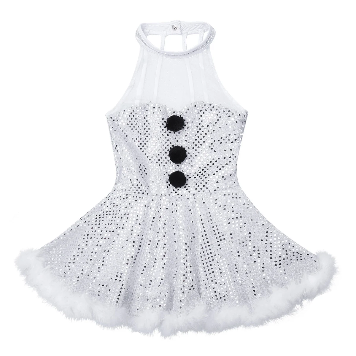 Girls Christmas Snowman Princess Cosplay Dress Costume Mesh Splice Caged Back Shiny Sequins Figure Twirling Party Dress