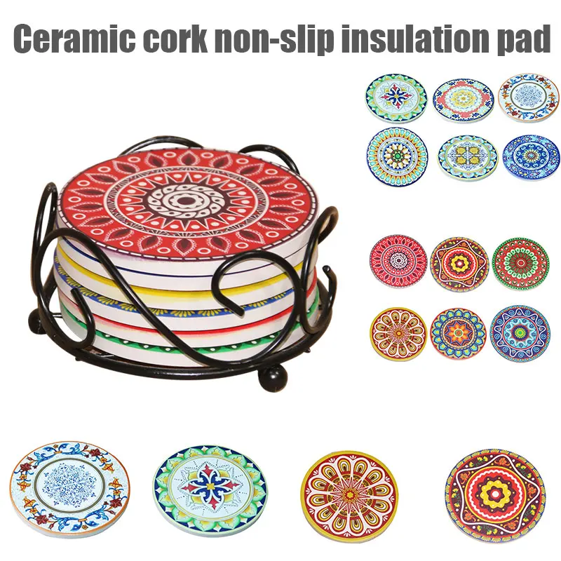 6pcs/set Ceramic Coasters Cartoon Round Heat Insulation Placemat Absorbent Non-slip Cup Pad Kitchen Table Decoration Mats