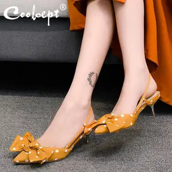 

Coolcept Women Sandals Fashion Dot Print Sweet Bowknot High Heels Summer Shoes Women Pointed Toe Wedding Footwear Size 34-40