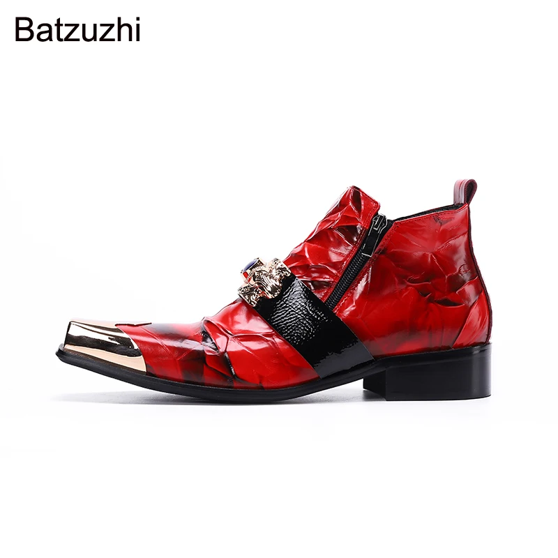 Batzuzhi New Luxury Handmade Boots Men Iron Toe Red Genuine Leather Ankle Boots Men for Party, Wedding, Business Botas Hombre