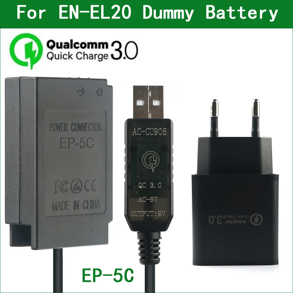 

QC3.0 EN-EL20 EN EL20 EL20a EP-5C Dummy Battery Power Bank USB Cable for Nikon 1J1 1J2 1J3 1S1 1AW1 1V3 P1000