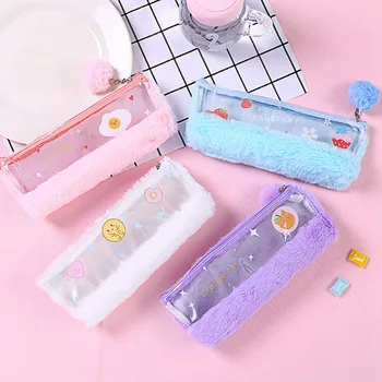 

Cute Transparent Plush Fruit Pencil Case Kawaii Pencil Box Pen Bag Stationery Pouch Kids Gift School Supplies