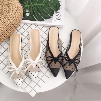 

Lace Pointed Toe Female Shoes Slippers Flat Slides Mules For Women 2019 Fashion New Luxury Rubber Rome Cotton Fabric Hoof Heels