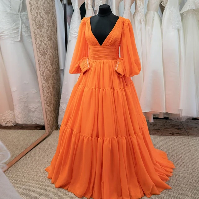 Vestidos de Fiesta sencillos de manga larga, plisados de gasa naranja con cuello en V, vestidos de noche de Navidad Maxi, de fiesta de cumpleaños 2021 -