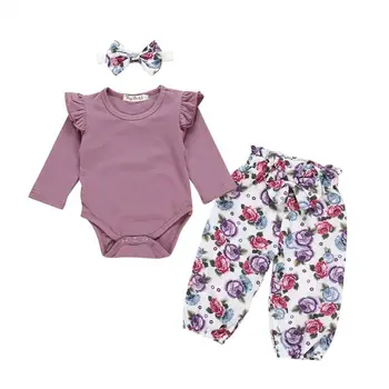

Emmababy 3PCS Newborn Baby Girl Clothes Autumn Long Sleeve Solid Color Romper Tops Flower Printed Pants Outfit