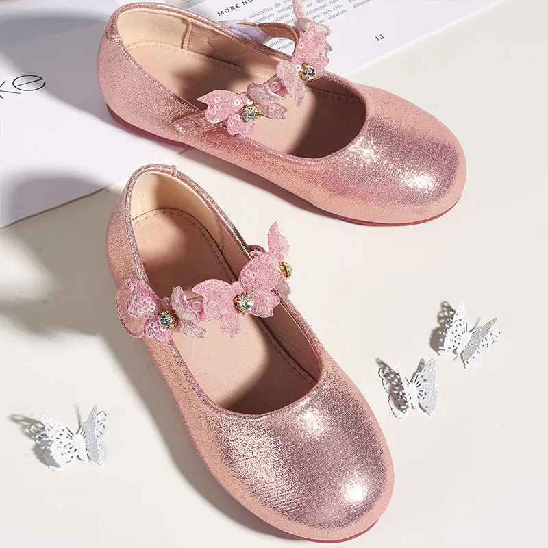 

Children's Flats Sandals Students Party Performance Shoes Casual Butterfly Knot Pink Silver for girls A017