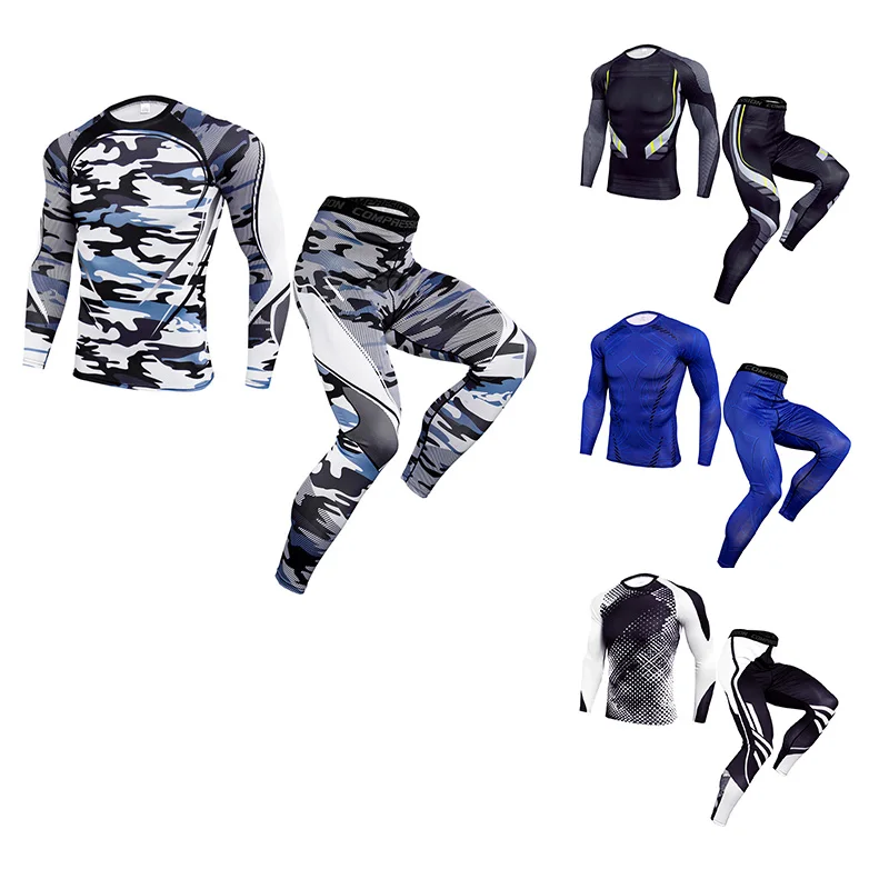Мужская одежда компрессионная мужская футболка+ леггинсы Рашгард Комплект топ с длинными рукавами для фитнеса мужской спортивный костюм термобелье база
