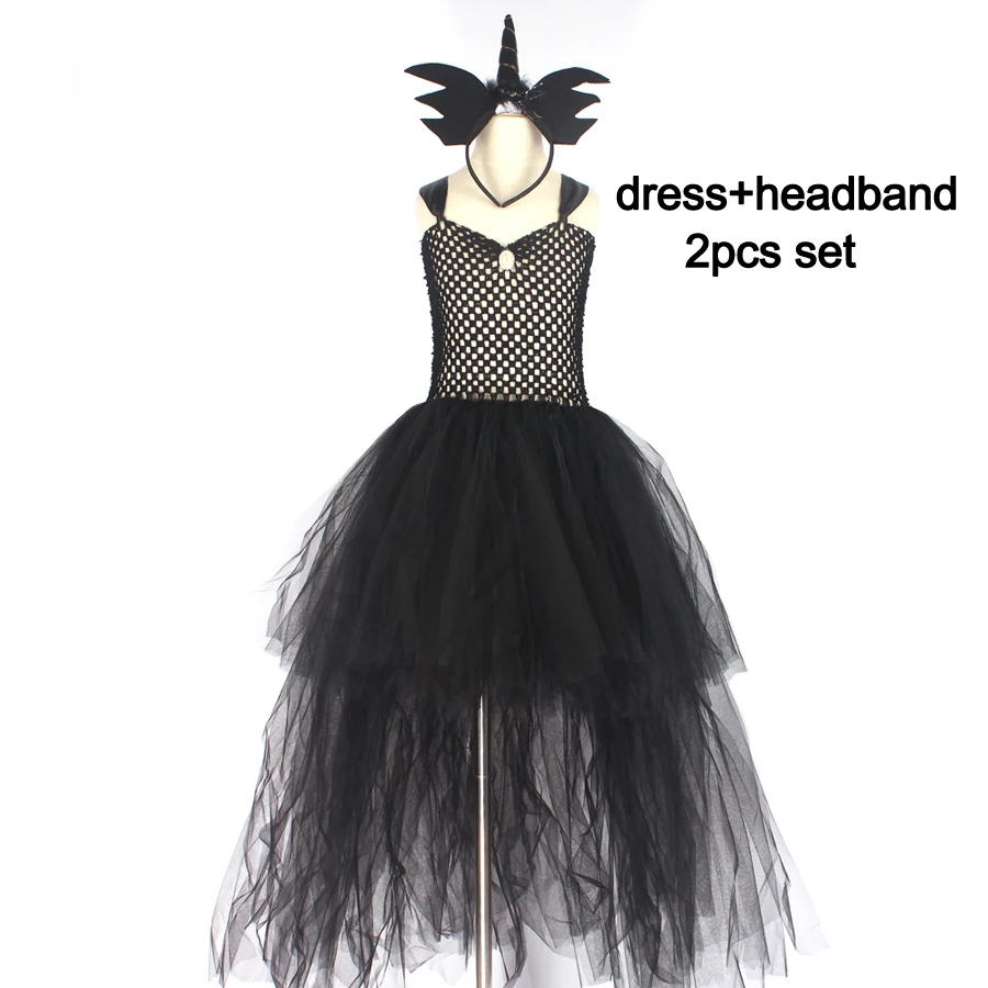 dress and headband Черное нарядное платье-пачка для девочек на Хеллоуин, с v-образным вырезом, со шлейфом, для костюмированной вечеринки, на день рождения, бальное платье с крыльями, костюм - Цвет: dress and headband