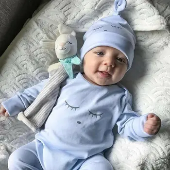 

Infant Newborn Toddler Baby Boys Girls Rompers Sleepy Eyes Printed Long Sleeve Jumpsuits Outfit Clothes Light Blue Jumpsuit+Hat