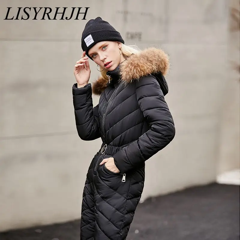 LISYRHJH/Новинка года; женская зимняя новая парка; модные тонкие комбинезоны с капюшоном; пальто с натуральным меховым воротником; теплая зимняя куртка с поясом
