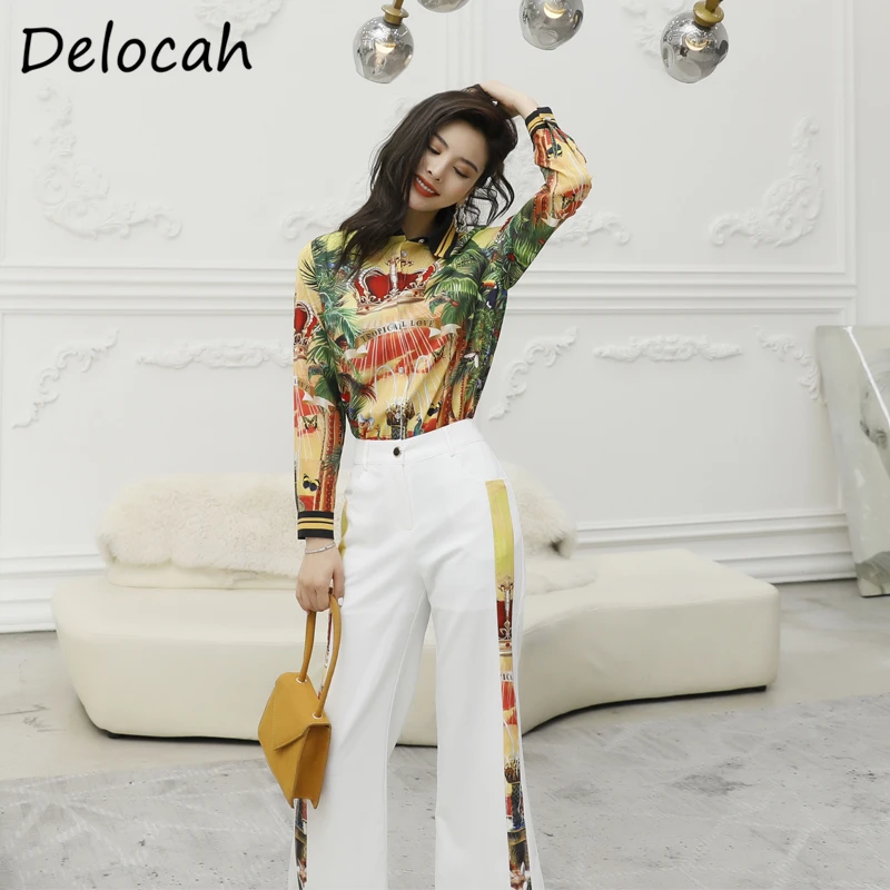 

Delocah Spring Summer Women Set Runway Fashion Designer Vintage Printed Slim Modern Casual Pants Two Pieces Set Lady Suits