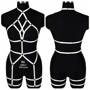 

Plus Size Body Harness White Bra Set Top Caged Bust Sexy Elastic Strappy Waist Garter Belts Punk Harajuku Clubs Dance Rave