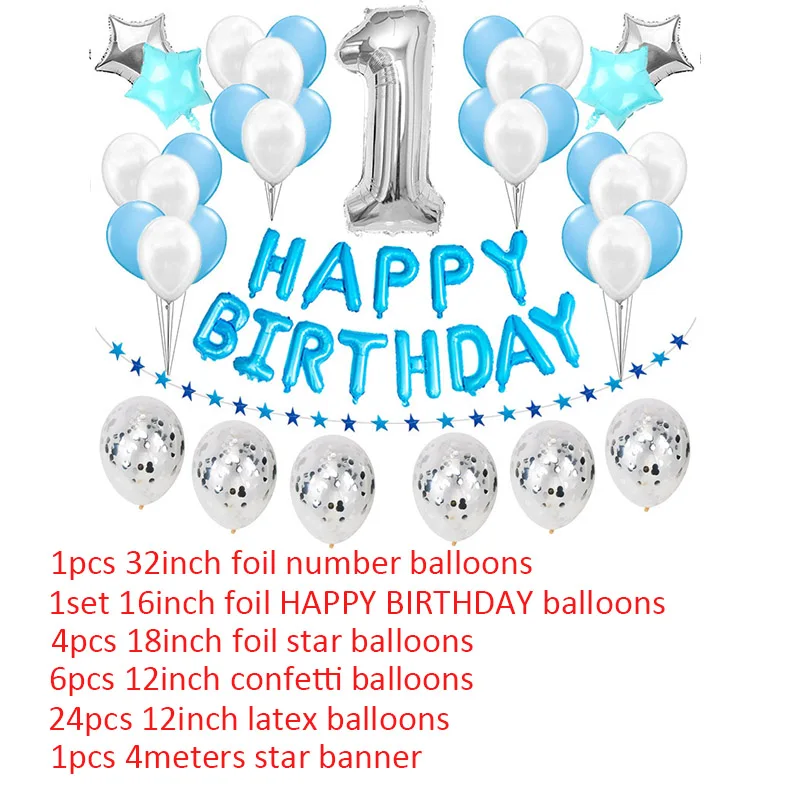 36 шт., серебристые, синие, праздничные украшения для дня рождения, Детские воздушные шары, набор для маленьких мальчиков, баллон, латексный, гелиевый воздух, воздушный шар из фольги, номер 1, 2, 5