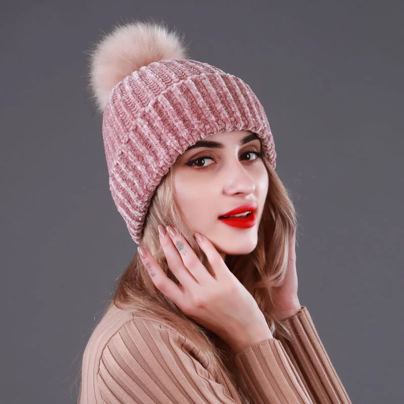 

Hat Women Winter Autumn Knit Fake Fur Pompon Beanie Warm Brim Skiing Climb Outdoor Accessory For Girl Teenagers