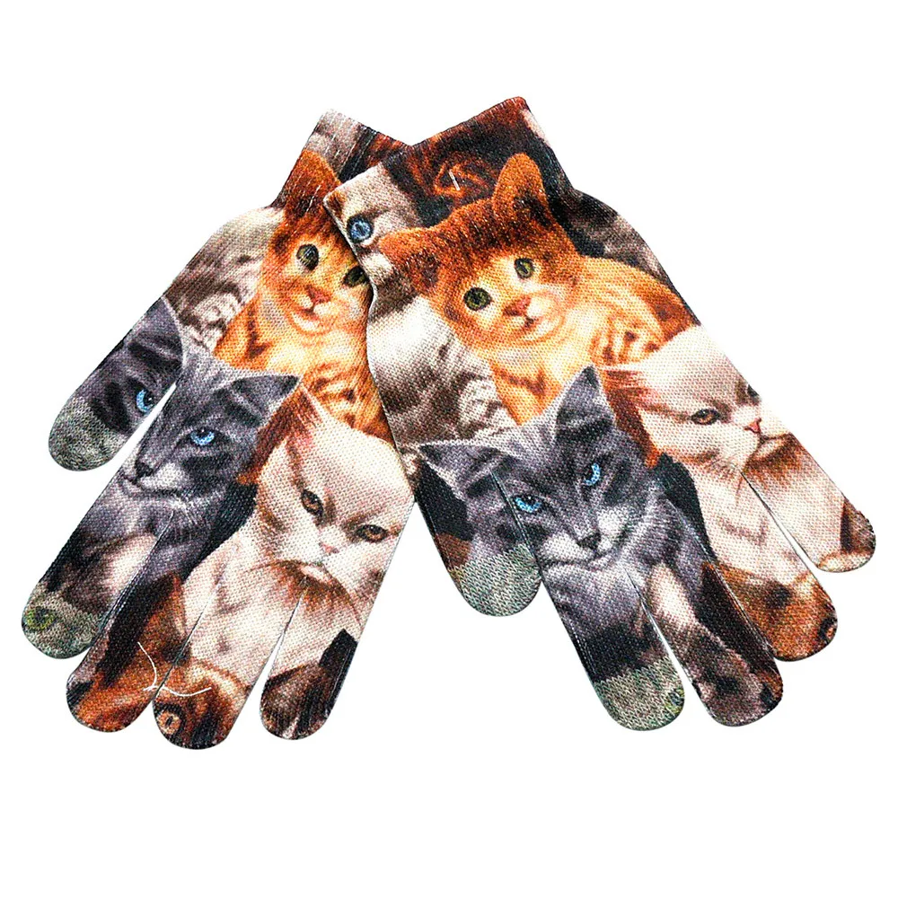 3D Cat Print Knitted Men Women Gloves Winter Warm Phone Screen Kitty Harajuku Ladies Mittens варежки женские зимние guantes cat gloves