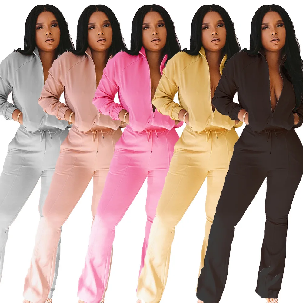 

Echoine Autumn Winter Zipper Jacket Crop Top and Flare Pants Two Piiece Set Women Party Club Outfits V-neck Matching Set