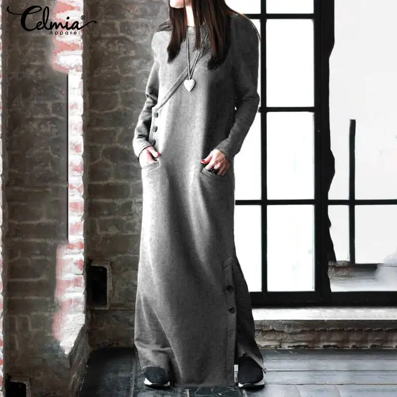 Celmia Women Sweatshirt Dress Autumn Winter Fleece Maxi Long Dress Casual Pullovers Long Sleeve Button Basic Vestidos 5XL 7