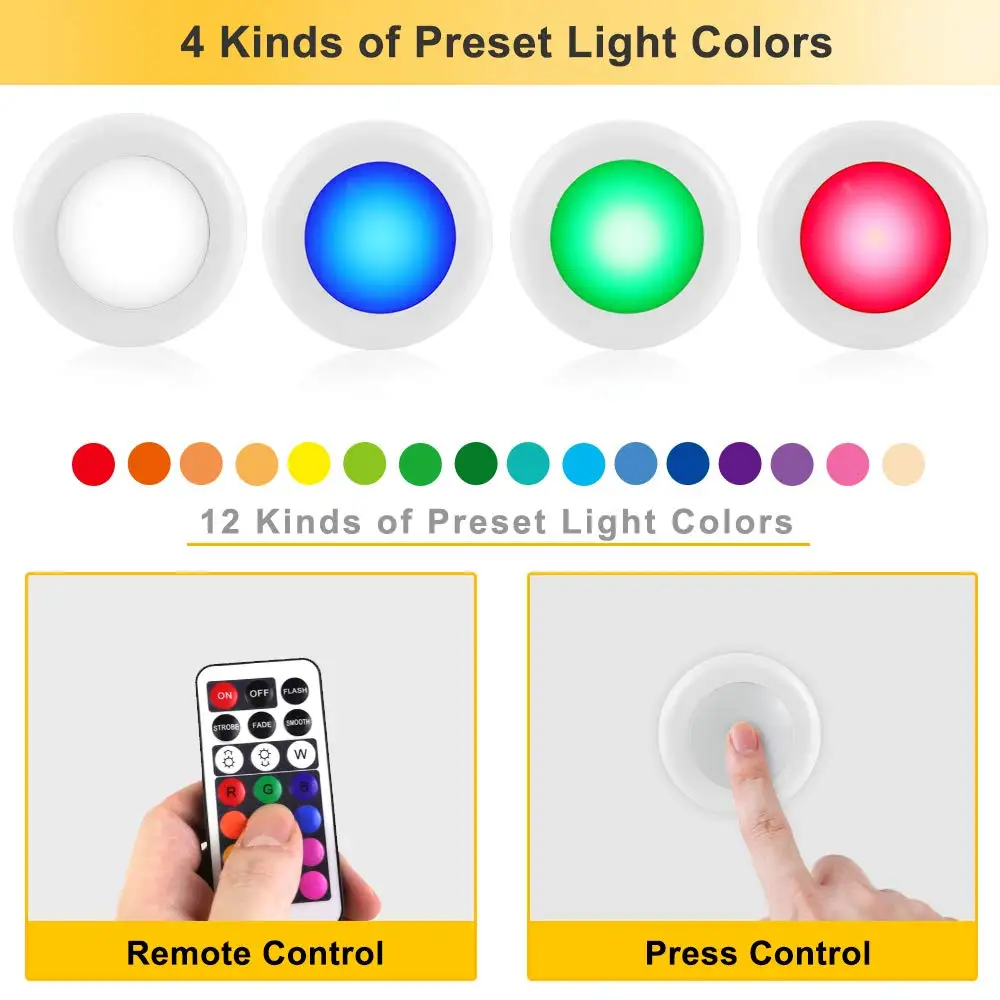 Беспроводной светодиодный светильник шайба s сенсорный датчик RGB светодиодная подсветка под шкаф дистанционный Ночной Настенный светильник s для гардероба кухонные закрытые лампы