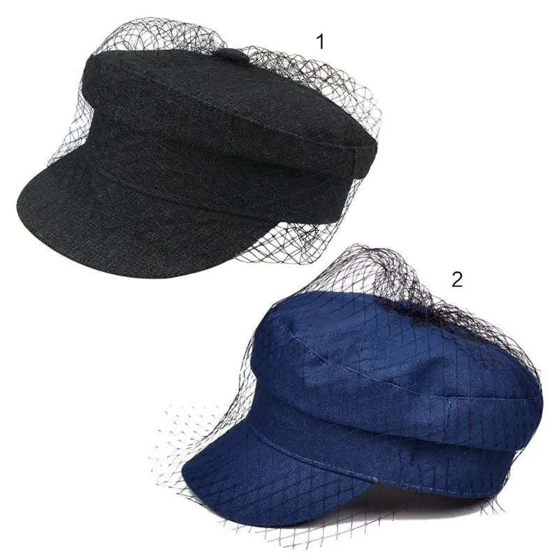 British Style Retro Denim Flat Beret Cap with Mesh Veil Women Girl Sun Protection Visor Button Painter Elegant Military Navy Hat