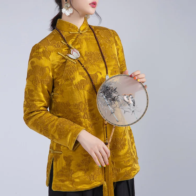 

Zeho Hall Origional High-End Customizable Chinese-style Real Silk Jacquard Gold Short Cotton-padded Jacket Handmade Frog Zen Clo