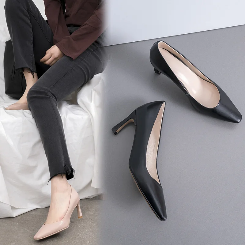 

Inside And Pure Leather 2019 Spring New Style Ol Commuting High Heels Women's Genuine Leather Small Square Head Work Shoes Thin