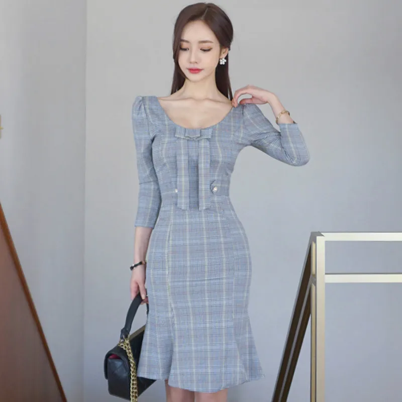 Осень 3/4 рукав клетчатый бант Сексуальная Vestidos Женская толстовка до колена облегающий покрой «рыбий хвост» женское платье