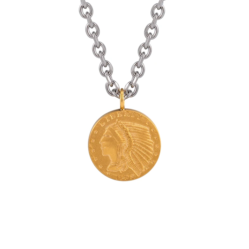 

Retro Simple Personality Men/Women Pendant Stainless Steel Fade Resistance Portrait Gold Coin Necklaces