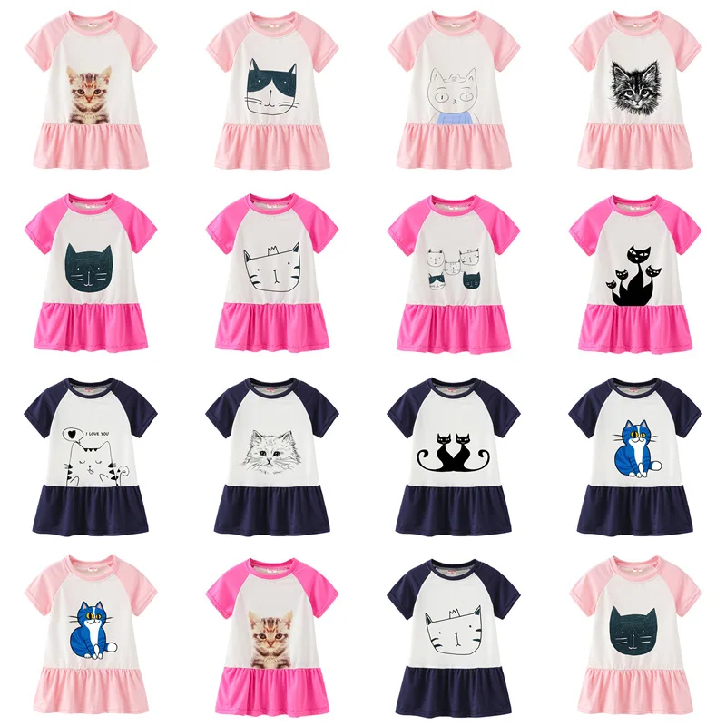 2-6year Girls Summer Lovely Princess Dresses 25 Colors Girl Cotton Cartoon Cat Short sleeve Dress Children Clothes Printed | Детская