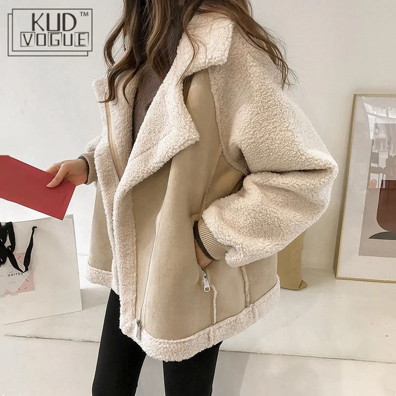 Very best Women Winter Oversized Teddy Jacket Chic Faux Suede Fur Collar Coats Aviator Motorcycle Biker Jacke