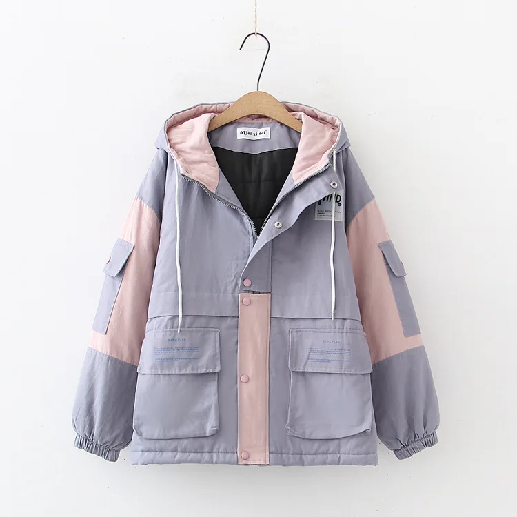 

Western Style WOMEN'S Dress 2019 Autumn And Winter New Style xue sheng kuan Large Pocket Hooded Cotton Overcoat