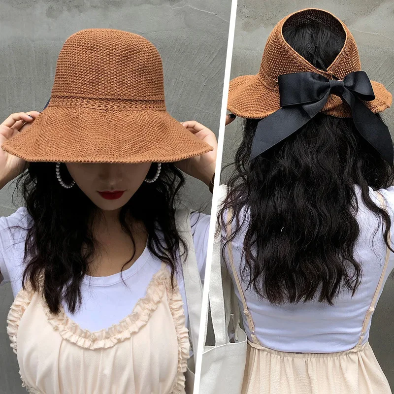 caramel colour Осенняя и зимняя новая женская вязаная шляпа чистая красная Складная Солнцезащитная шляпа с бантом пустая соломенная шляпа - Цвет: caramel colour