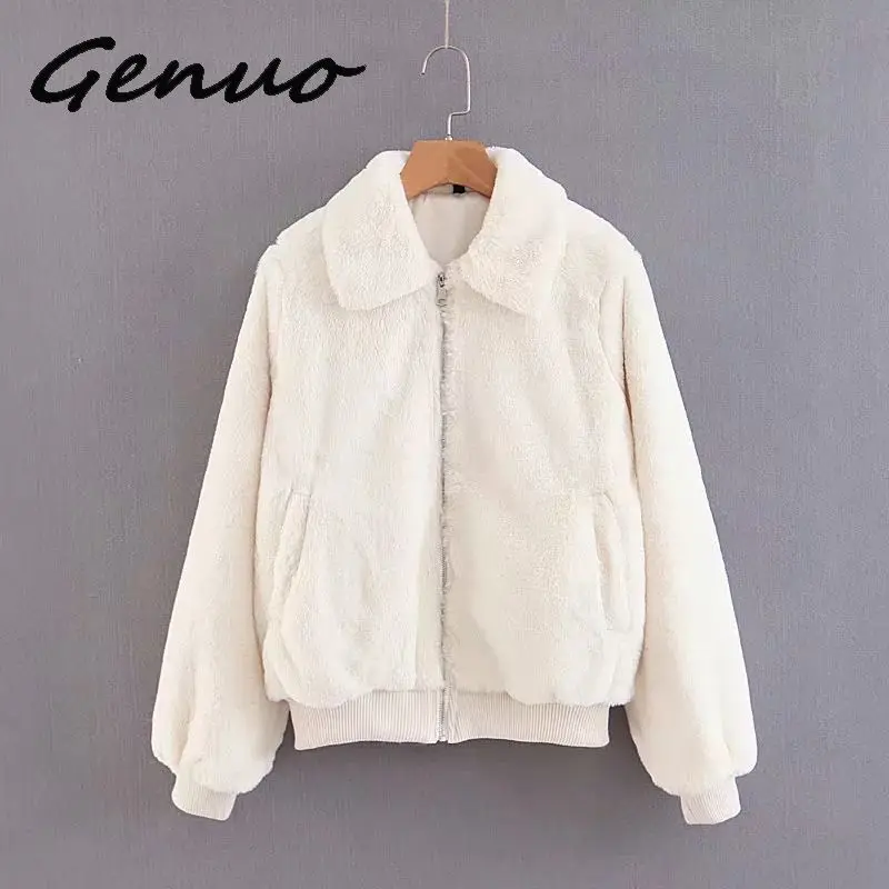 Genuo, новинка, теплый плюшевый жакет для женщин, зимнее белое пальто с отложным воротником и длинным рукавом, модная верхняя одежда для женщин, уличная одежда