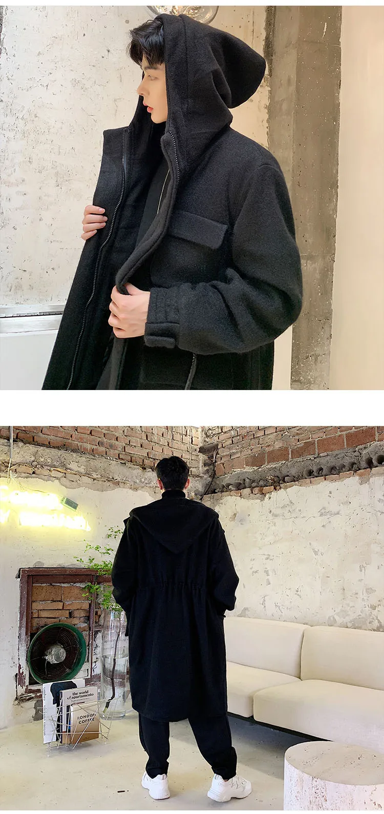 Мужская Уличная одежда, плащ с капюшоном, ветровка, верхняя одежда для мужчин, винтажная мода, свободное толстое шерстяное пальто, длинная куртка