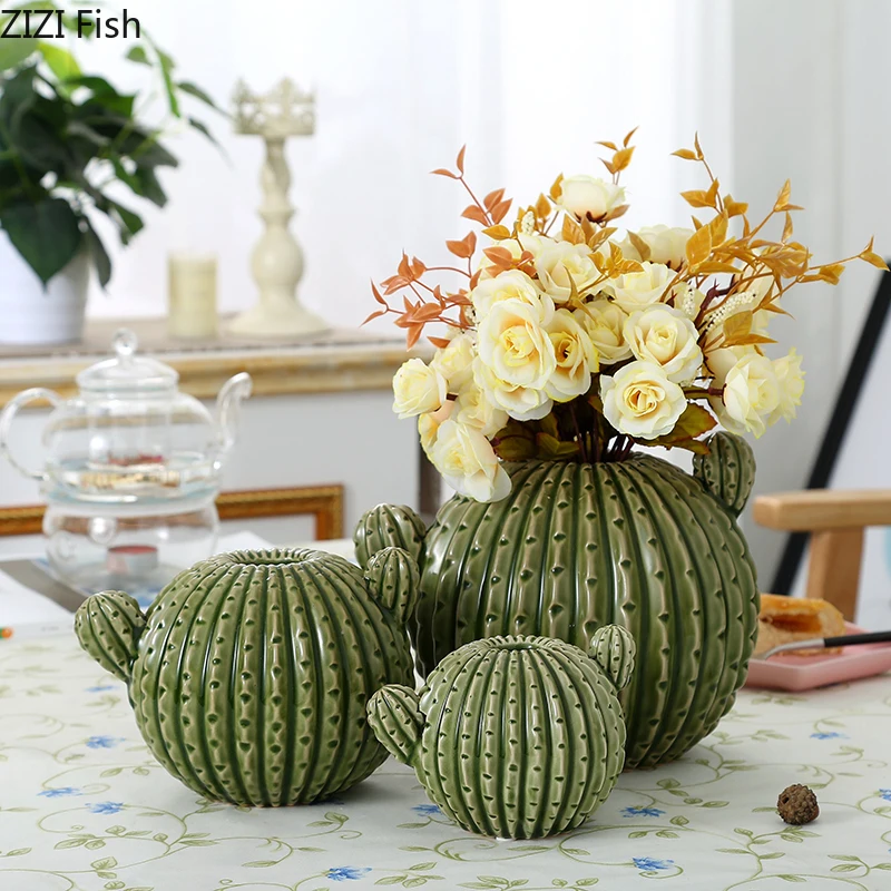 

Ceramic Vase Cactus Spines Simulation Plant Flower Arrangement Round Flower Vase Ceramic Crafts Home Decoration Ornaments